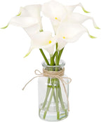 Artificial Flowers Calla Lily in Glass Vase with Faux Water,7Pcs Artificial Flower Real Touch Latex Flowers for Centerpiece Table Decorations Counter Decor(White Calla Lily)