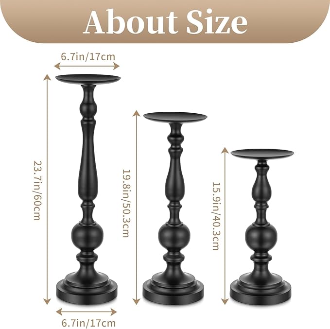 Sziqiqi Pillar Candle Holders Tall - Set of 3 Black Candle Stand for Pillars Large Metal Candleholder Sets Decorative for Christmas Halloween Living Room Easter Entryway