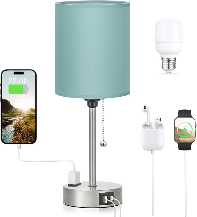 Teal Bedside Lamp for Nightstand - 3 Color Temperature Table Lamp with USB C and A Ports, Pull Chain Lamp for Bedroom with AC Outlet, Coastal Desk Lamp with Silver Metal Base for Kids Girls