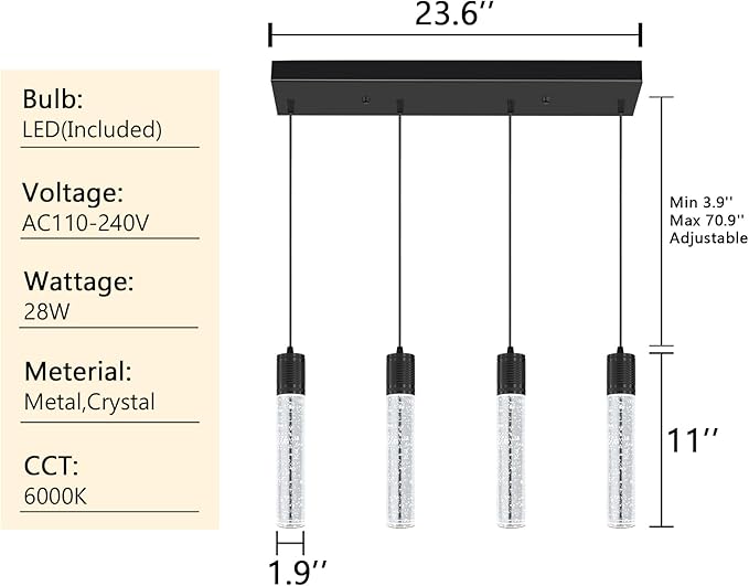 4-Lights Mini Modern Crystal Chandeliers for Kitchen Island Pendants Lighting Fixture LED Ceiling Light for Dining Room Bedroom Foyer 6000K