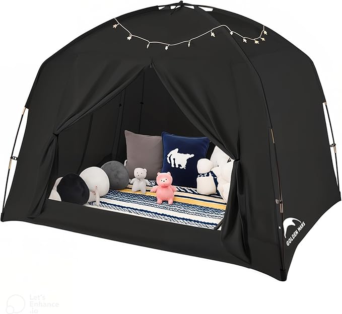 Bed Tents for Kids and Adult, Portable 100% Breathable and 93% Blackout Toddler Dream Play Tent, 3 Doors Big Privacy Space Sleeping Canopy for Floor or Twin Full Queen Sizes Bed (Black, Queen-Size)