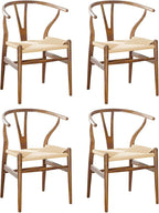 Wishbone Chair Natural Solid Wood Dining Chair/Hans Vegner Y Chair Rattan and Wood Accent Armrest Chairs Set of 4(Ash Wood - Walnut)