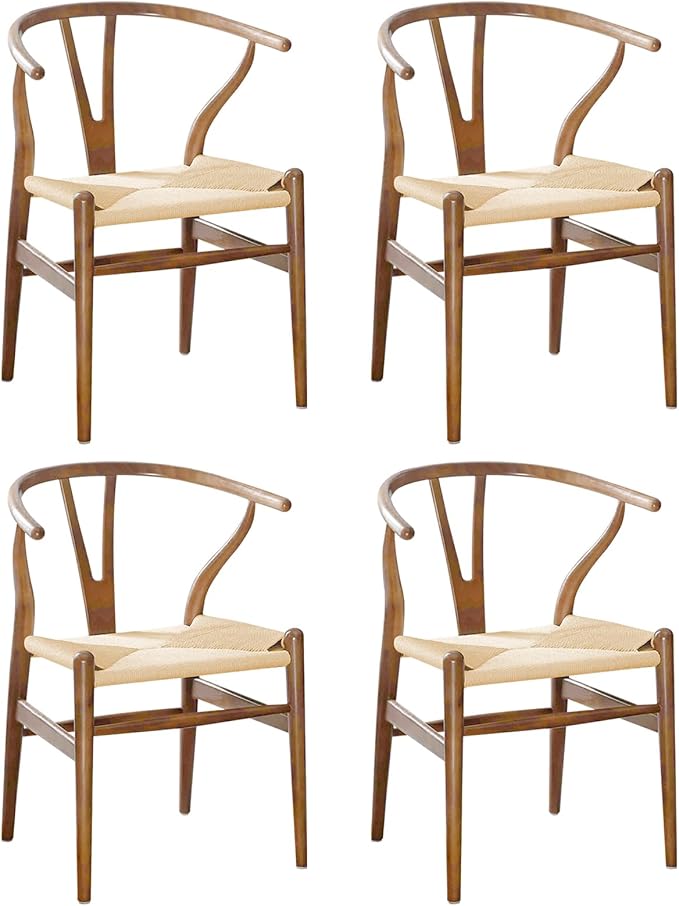 Wishbone Chair Natural Solid Wood Dining Chair/Hans Vegner Y Chair Rattan and Wood Accent Armrest Chairs Set of 4(Ash Wood - Walnut)