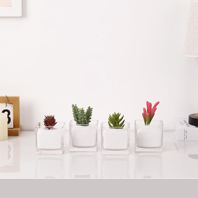 Square Flower Vases Set of 4, 3"x 3"x 3" Glass Vases for Centerpieces, Clear Vase for Flowers, Small Vase for Wedding, Party, Home Office Decoration