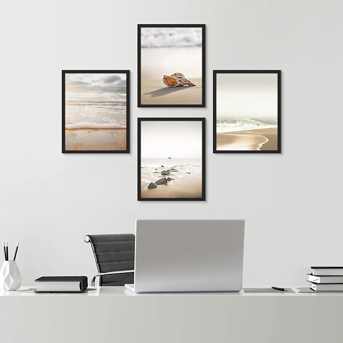 SIGNWIN Framed White Minimal Beach Shore Ocean Sea Seashell Wall Art, Set of 4 Landscape Colorful Wall Decor Prints, Nature Wilderness Wall Décor for Living Room, Bedroom - 11"x14" Black