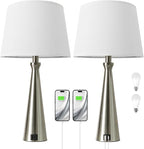 Seealle Modern Table Lamps Set of 2 - Touch Bedside Lamp for Nightstand with USB C+A,3-Way Dimmable Silver Nightstand Lamps for Living Room Bedroom End Table with White Shade(Bulb Included)