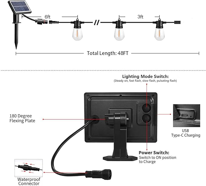 SUNTHIN Outdoor Solar String Lights, 48ft Solar Patio Lights with USB Rechargeable, Waterproof & Shatterproof Solar Powered Bulbs for Yard, Porch, Garden, Pool, Party, Camping