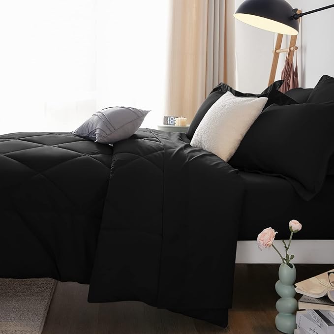 CozyLux King Size Comforter Set Black - 7 Pieces Bed in a Bag King, Luxury Soft Bed Set for All Seasons, Bedding Set with Down Alternative Comforter, Sheets, Pillowcases & Shams