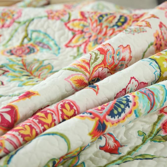 Cotton Bedspread Bedding Coverlet Quilt Sets, Reversible Vintage Branch Floral Bedspread comforters,(Vintage Floral White Pattern, King Size)