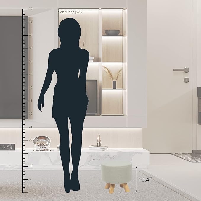 Asense Small Round Ottoman Foot Rest Stool Fabric Padded Seat Footstool Ottoman with Wooden Legs (Beige Grey,Fabric)