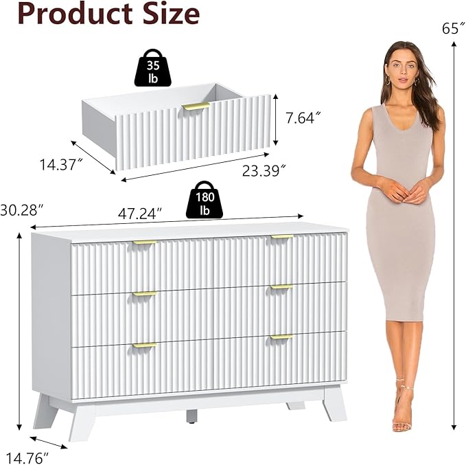 Fluted Dresser for Bedroom,6 Drawer Dresser for Closet,Storage Cabinet and Chest of Drawers with Gold Handle,TV Stand,Storage Organizer for Living Room,Hallway,Entryway,White