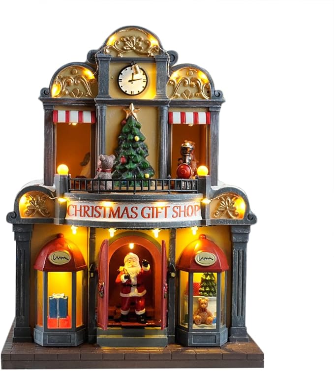 12" Animated Christmas Village House with LED Lights & Music - Spinning Train, Dynamically Moving Santa, Handpainted Resin Shop for Indoor Home Tabletop Decor