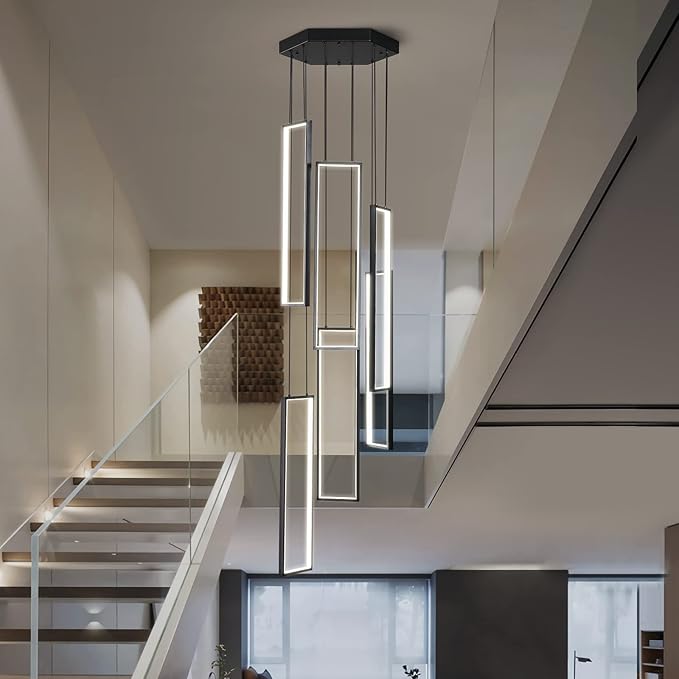Modern Kitchen Island Dimmable Pendant Light Fixture - Black 108W LED Pendant Lights 6 Rings Rectangular Chandelier for Staircase, Large Ceiling, Lobby, Living Room, Foyer