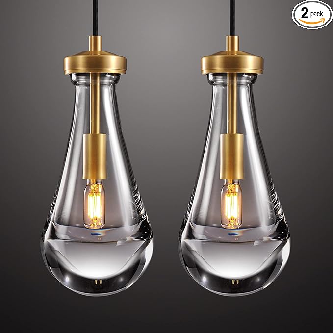 Raindrop Pendant Light Fixtures Set of Two, Brass Glass Pendant Lighting, Teardrops Pendant Lights Kitchen Island, Indoor Pendant Light for Kitchen Island Bedroom Bathroom, Included Bulb