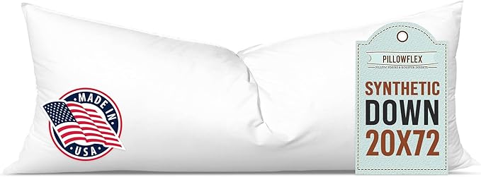 Pillowflex Synthetic Down Pillow Insert - 20x72 Down Alternative, Ultra Soft Body Pillow, Large King Body Bed Sleeping Pillow - 1 Decorative Pillow Form