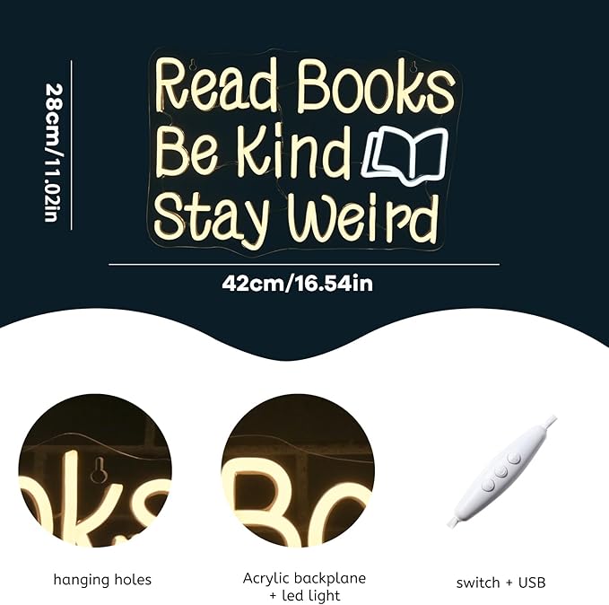 WLHOPE Read Books Be Kind Stay Weird Neon Sign Neon Signs for Wall Decor Lovers Gifts Bedroom Bookstore Reading Room Library Study Room Decoration Dimmable Read Books Neon Lights LED Sign