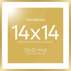 Homeforia 14x14 Picture Frame Gold, High End Metal 14 x 14 Square Poster Frame with Mat 12 x 12 Photo, 14x14 Frame Matted to 12x12 Print, 14by14 Gold Hanging Frames, Tempered Glass, Wall Kit, Set of 1