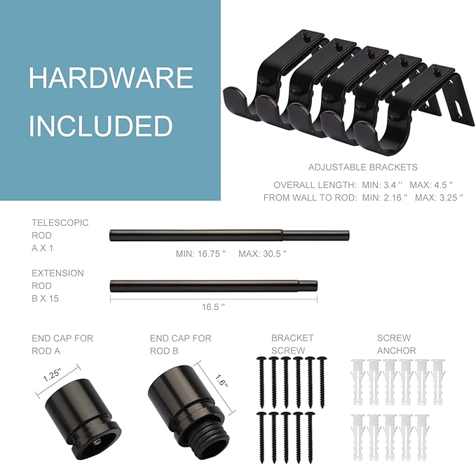 Curtain Rods for Windows 16 to 240 Inches Adjustable Length 1 Inch Diameter Window Curtain Rod with Aluminium End Cap, Antique Bronze