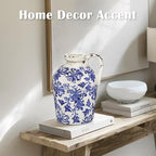 Ceramic Rustic Farmhouse Vase, 9 inch Ceramic Blue and White Vase for Centerpieces Pampas Grass Pottery Jug with Handle Boho Chinoiserie Decor Vintage Vases for Living Room Kitchen Dinner Table Shelf