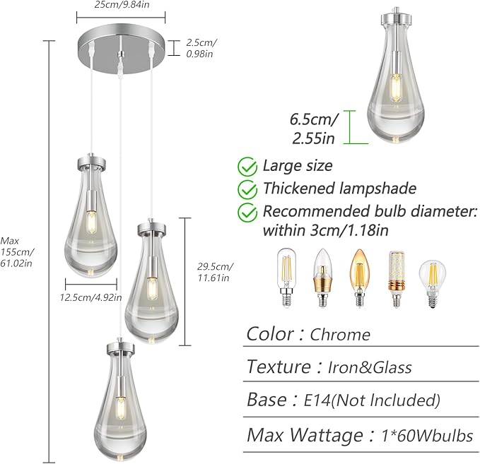 Raindrop Pendant Lights Kitchen Island Teardrop Chrome Hanging Light Fixtures Clear Solid Glass Pendant Light Modern Chandeliers for Dining Room Porch Corridor Living Room(3-Light)