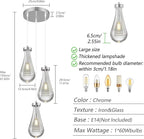 Raindrop Pendant Lights Kitchen Island Teardrop Chrome Hanging Light Fixtures Clear Solid Glass Pendant Light Modern Chandeliers for Dining Room Porch Corridor Living Room(3-Light)