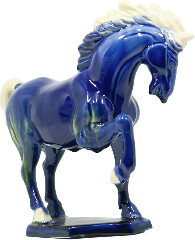 Ceramic Horse Sculpture -8 inch Hand Made Tri-Color Cultural Art Piece,Museum Collection Inspired Home and Office Decor (Blue)