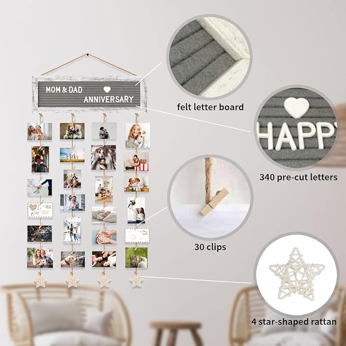 Picture Frames Collage Wall Decor Collage Picture Frames, Rustic Felt Letter Board with 340 Letters and 30 Clips, Unique DIY Multi Photo Frame for Dorm Room Decor Family Birthday Gifts