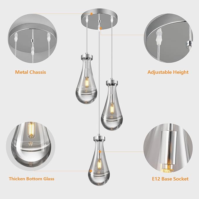 Raindrop Pendant Lights Kitchen Island Teardrop Chrome Hanging Light Fixtures Clear Solid Glass Pendant Light Modern Chandeliers for Dining Room Porch Corridor Living Room(3-Light)