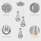 Raindrop Pendant Lights Kitchen Island Teardrop Chrome Hanging Light Fixtures Clear Solid Glass Pendant Light Modern Chandeliers for Dining Room Porch Corridor Living Room(3-Light)