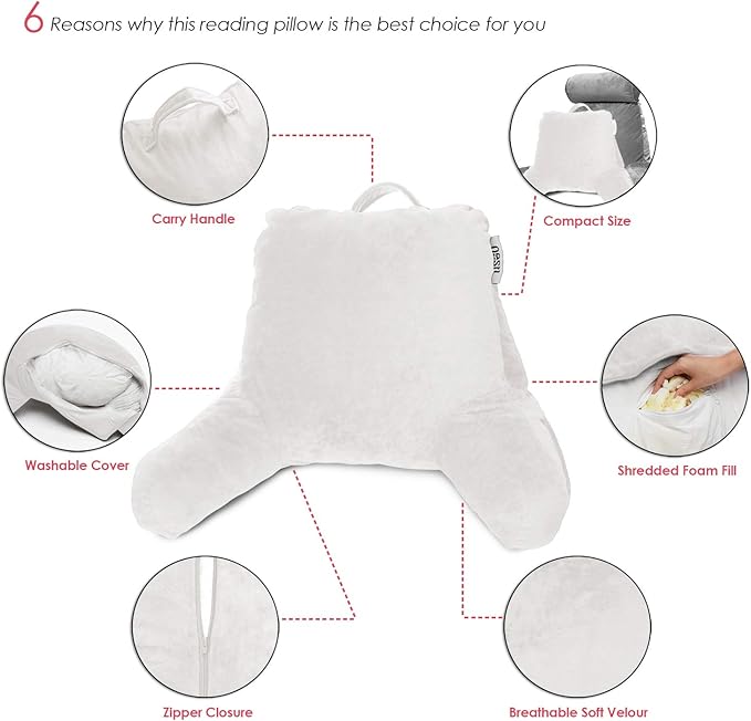 Nestl Reading Pillow for Kids, Small Bed Pillow, Back Pillow for Sitting in Bed, Memory Foam Chair Pillow, Reading & Bed Rest Pillows, White Back Pillow for Bed, Arm Pillow with Pockets