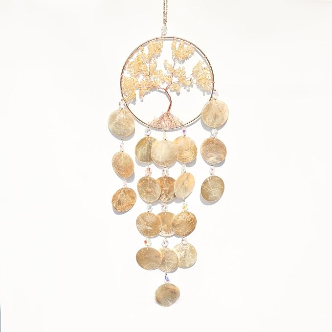 Pretty Jolly Gold Tree of Life Dream Catcher Wall Decor with Citrine Crystals Unique Capiz Wind Chimes Soothing Sound Waterfall Handmade Wall Hanging Home Decor for Bedroom Wedding Party Wish Gift