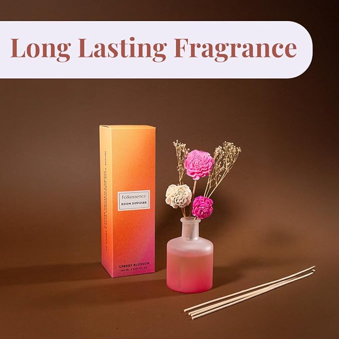 Folkulture Reed Diffusers for Home, 5 oz | Cherry Blossom Scent Diffuser Oil with Sticks for Pink Bathroom Decor Accessories | Floral Essential Oils | Cute Shelf Decor