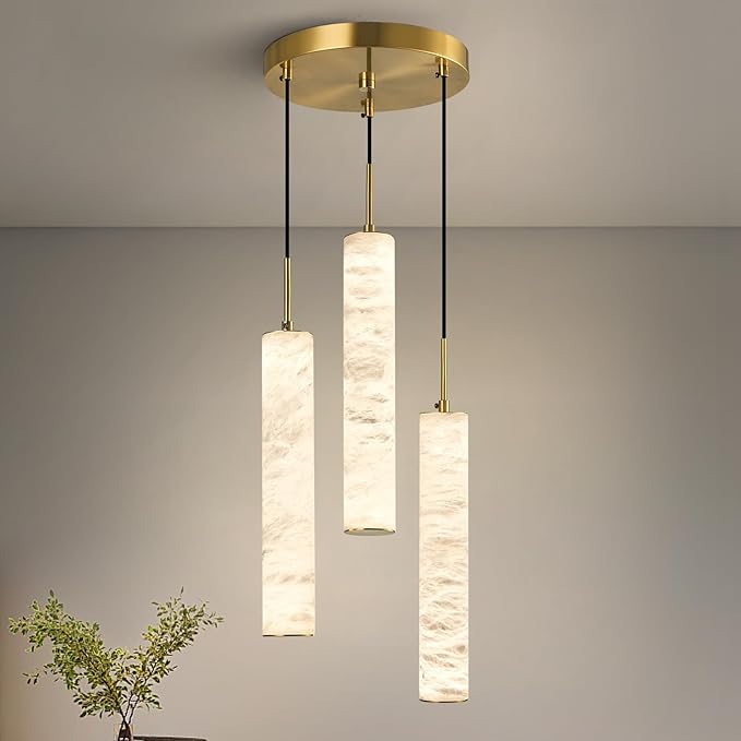 LMQNINE Natural Alabaster Pendant Lights for Kitchen Island White Marble Long Tube Chandelier Modern Gold Ceiling Light Fixtures for Bedroom Dining Room Table Living Room Hallway(M-3Light)