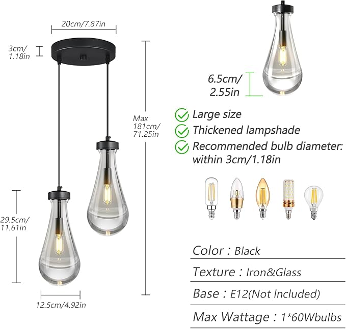 Raindrop Pendant Lights Kitchen Island Teardrop Black Hanging Light Fixtures Clear Solid Glass Pendant Light Modern Chandeliers for Dining Room Porch Corridor Living Room(2-Light)