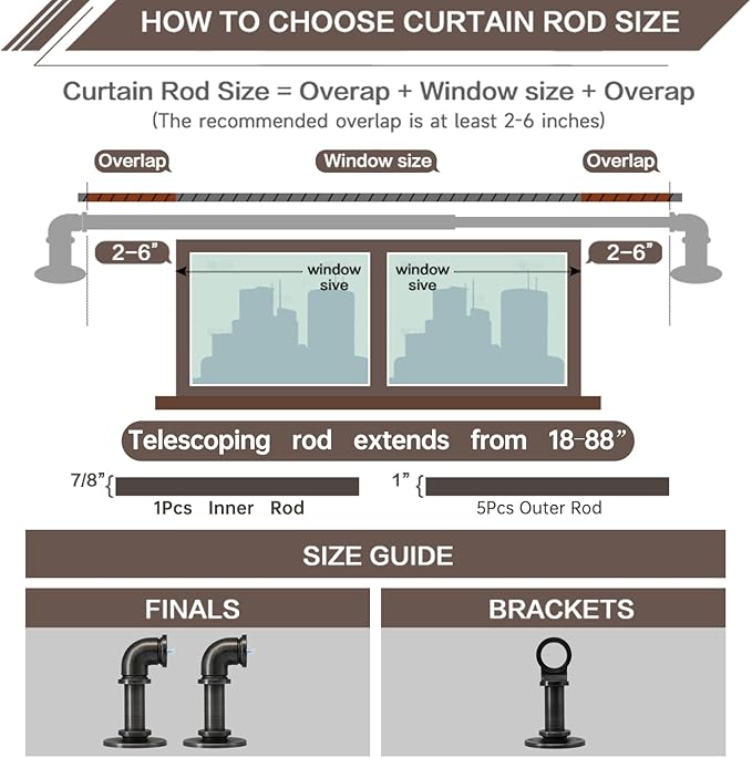 Industrial Curtain Rods 18 to 88 in,Wrap Around Rods, Adjustable Curtain Pole,1 in Diameter Pipe Wall or Ceiling Mounted,for Living Room(Antique Nickel 18” to 88”)