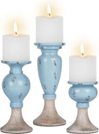Sziqiqi Farmhouse Coastal Candle Holder: Pillar Candle Holders for Living Room Bathroom - Beach Candle Stand for Table Centerpieces Rustic Candleholder Set of 3 Ocean Decor for Fireplace