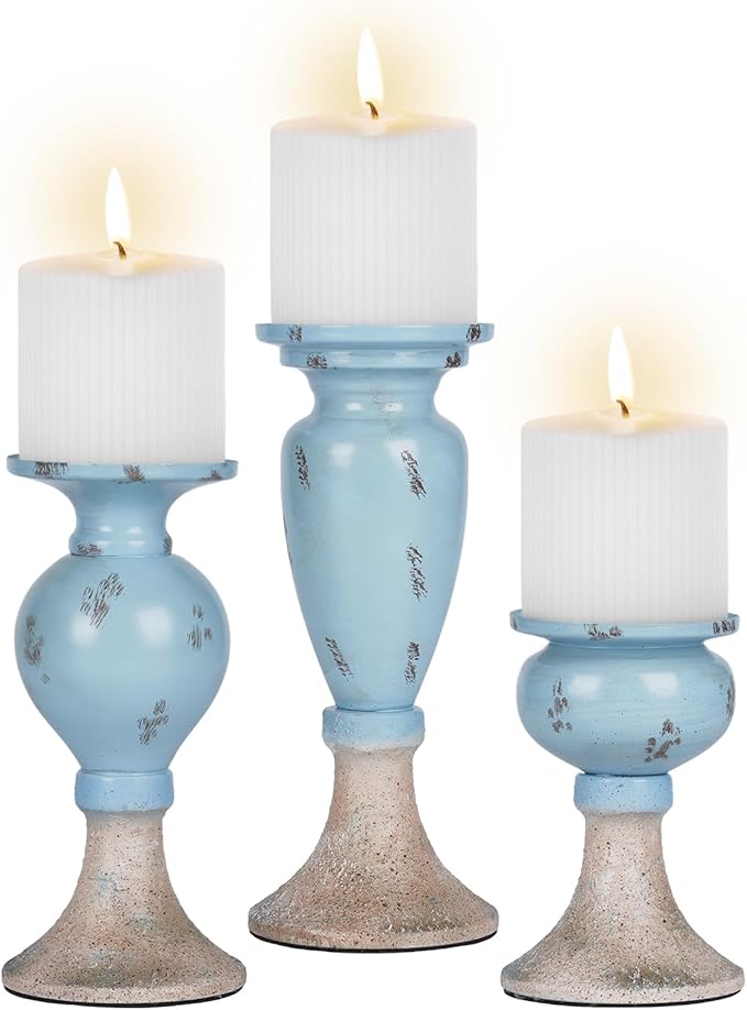 Sziqiqi Farmhouse Coastal Candle Holder: Pillar Candle Holders for Living Room Bathroom - Beach Candle Stand for Table Centerpieces Rustic Candleholder Set of 3 Ocean Decor for Fireplace