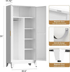 71'' Farmhouse Metal Wardrobe Cabinet with Hanging Rod, 2 Barn Door Wardrobe Closet with 5 Adjustable Shelves,Drawer,for Dining Room,Bedroom,Living Room, Cloak Room,Office (White)