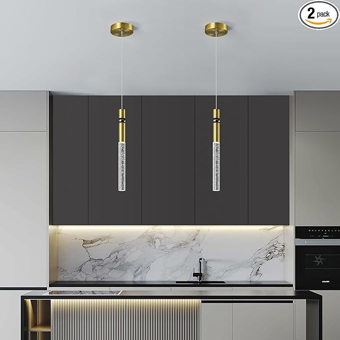 Pendant Lights Kitchen Island Light Fixtures Dimmable LED Modern Pendant Light with Bubble Crystal Pendant Lighting for Kitchen Bedroom Hallway Entryway (Gold 2-Pack)