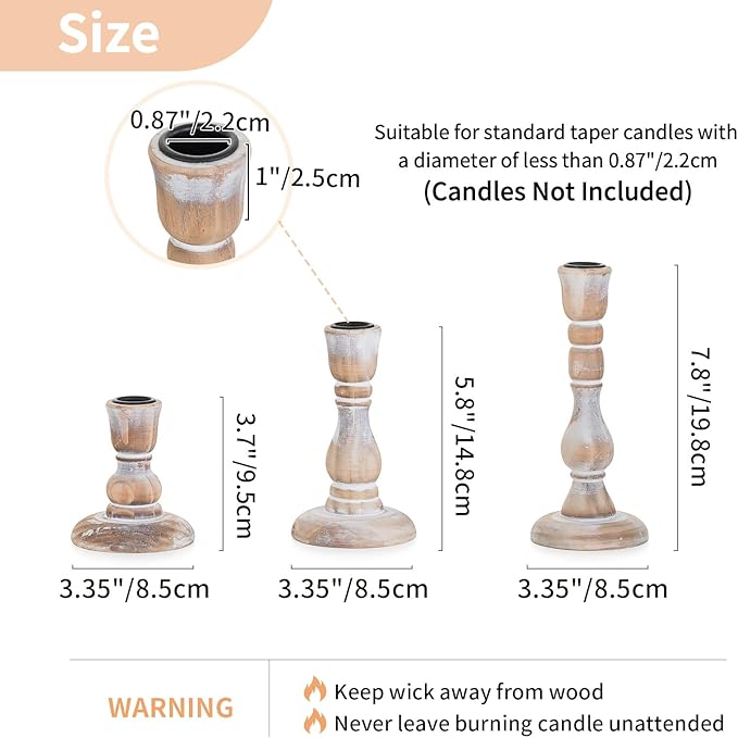 NUPTIO Rustic Candlestick Holders for Decor: Set of 6 Wood Taper Candles Holder - Vintage Candle Stick Tapered Holders for Fall Christmas Party Holiday Home Table Centerpiece