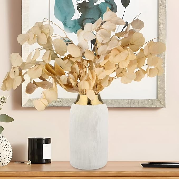 10.2" Ceramic Flower Vintage Vase - White & Gold Stripes Textured Ceramic Vase for Farmhouse Modern Home Decor Pampas Grass Centerpieces Living Room Bedroom Office Decoration