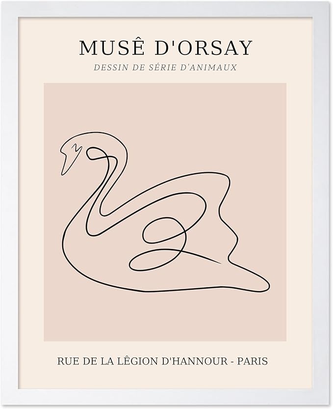 Poster Master Vintage Poster - Retro One Line Swan Drawing Print - Swan Art - Bird Art - Minimal Gift for Her, Animal Lover - Abstract Decor for Home, Office, Bedroom, 16x20 White Framed