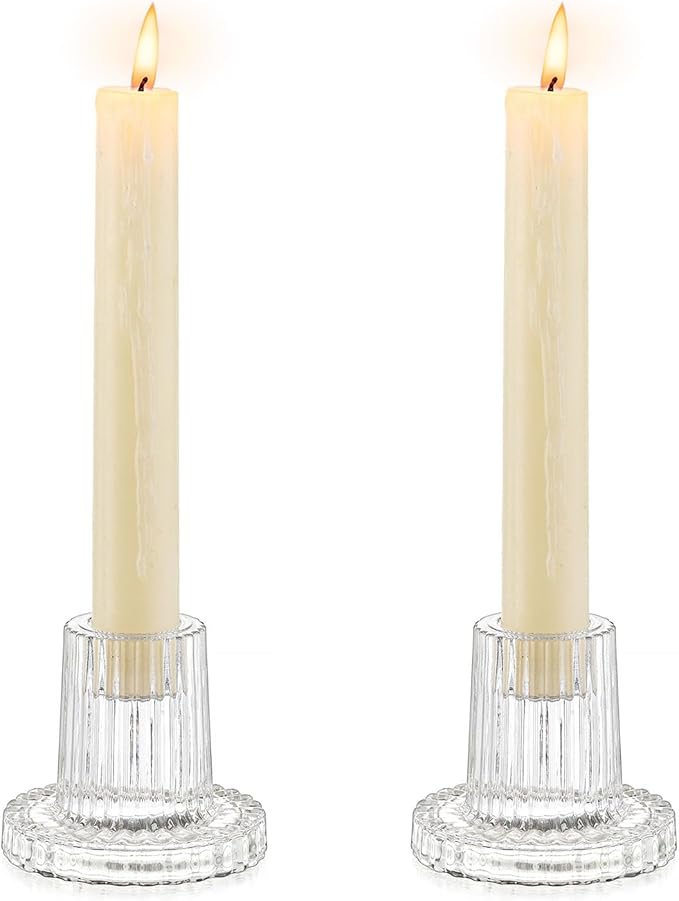 Romadedi Glass Candle Holder for Candlestick - 2Pcs Clear Tapered Wedding Decor Table Centerpiece for Candle Sticks Christmas Party Living Room Dinner Advent Decoration