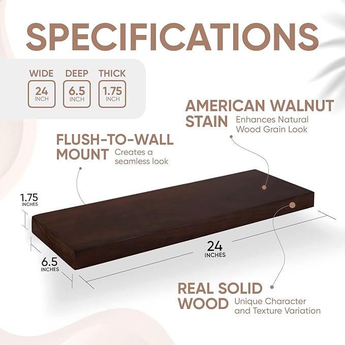Homeforia 24inch Walnut Floating Shelves for Wall, High End Solid Real Wood 24in Floating Shelf for Bathroom, Dark Brown 24 inch Long Floating Shelves, Heavy Duty Bracket, 24 X 6.5 X 1.75 in, Set of 3
