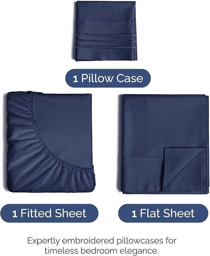 Twin Size 3 Piece Sheet Set - Comfy Breathable & Cooling Bed Sheets Set - Hotel Luxury Bedding for Women, Men, Kids, Teens, Boys & Girls - Deep Pockets, Ultra-Soft, Wrinkle Free - Oeko-Tex - Navy Blue
