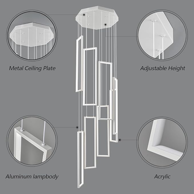 Modern Adjustable Height Pendant Light White 144W LED Pendant Lights 8 Rings Rectangular Chandelier Staircase Large Chandelier Lobby Living Room Kitchen Island Foyer High Ceiling Chandeliers
