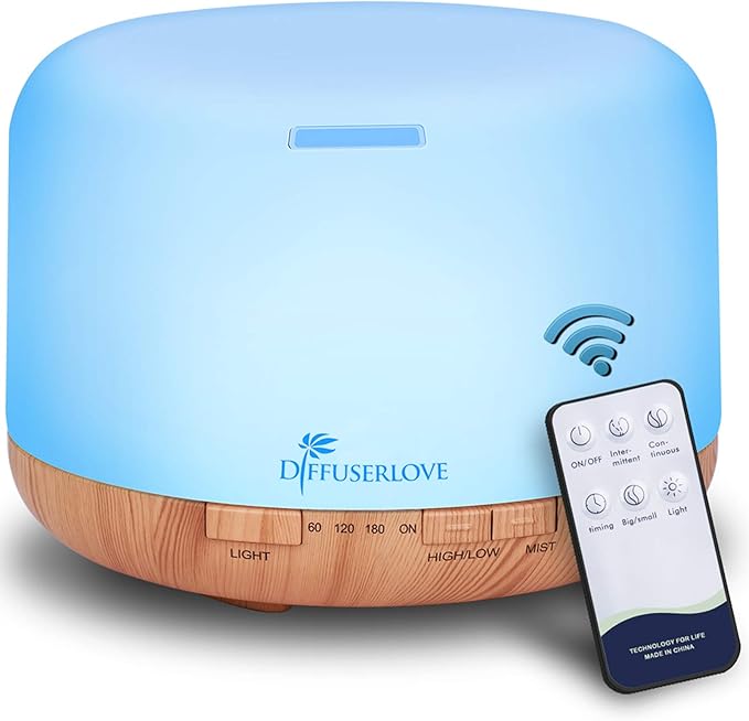 Diffuserlove Diffuser Essential Oil Diffusers 500ML Remote Control Aroma Diffuser Cool Mist Aromatherapy Diffuser with Mute Design, Timer and Auto Shut-Off for Office Living Room Yellow