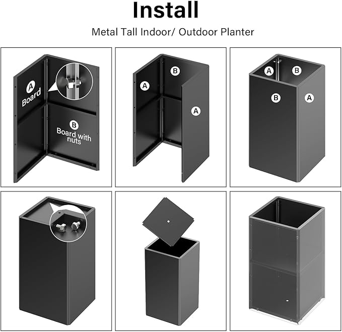 Modern Metal Planter Black – 28” Tall with Removable Insert Shelf | Heavy-Duty Outdoor & Indoor Planter Box for Patio, Porch, Garden (14x14x28in)