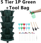 Vertical Planter, 5 Tier Stackable Strawberry Planter with Garden Tool Set, Movable Indoor/Outdoor Garden Herb Pot for Growing Vegetables and Succulents, Green