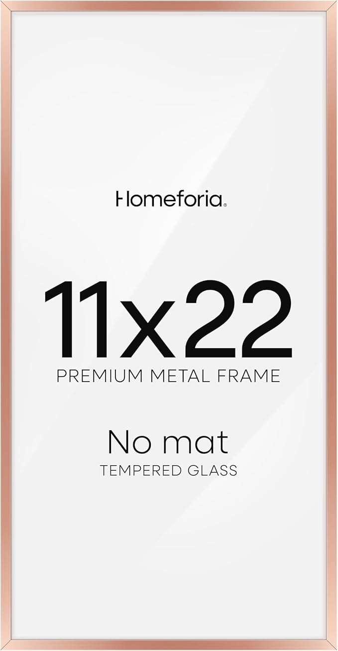 Homeforia 11x22 Newspaper Frame Rose Gold, High End Metal 11 x 22 Picture Frame without Mat, 22x11 Thin Rose Gold Poster Frames for Wall, 11by22 Display Photo Frame, Tempered Glass, Wall Kit, Set of 1
